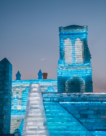 January 18th 2024, Harbin, China: An ice sculpture at the Ice Festival at night. Ice Festival is the most popular event during winter in Harbin, which is open to public and attracts tourists from all over China.
