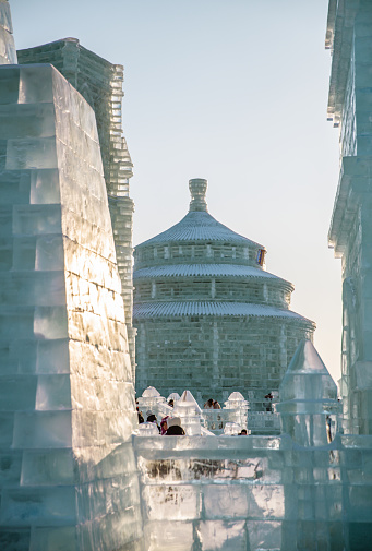 January 18th 2024, Harbin, China: An ice sculpture at the Ice Festival. Ice Festival is the most popular event during winter in Harbin, which is open to public and attracts tourists from all over China.