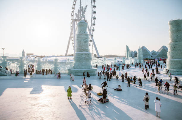 January 18th 2024, Harbin, China: Tourists walking around at the ice festival. Ice Festival is the most popular event during winter in Harbin, which is open to public and attracts tourists from all over China.
