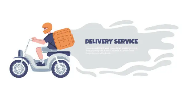 Vector illustration of Courier on a motorcycle with a orange delivery box backpack, fresh food shipping, delivery service vector landing page