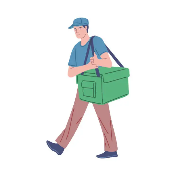 Vector illustration of Delivery courier man holding delivery box bag, vector waterproofing thermal container refrigerator, fresh food shipping