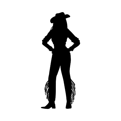 Beautiful cowgirl black silhouette. American retro western rodeo girl vector outline illustration. Vintage swag cowgirl fashion. Woman dressed in wild west style