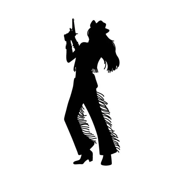 Vector illustration of Beautiful cowgirl with revolver black silhouette, American western rodeo woman, vector vintage cowgirl with gun in hands