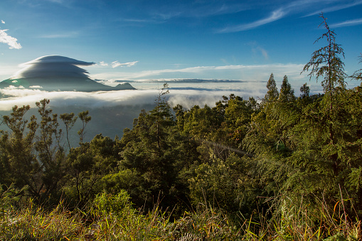 mountain covered with clouds in the morning, view from sikunir hill, Dieng plateau, Central Java, Indonesia