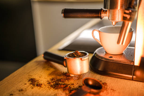 cafeteria service and people working with cups and variety of coffees