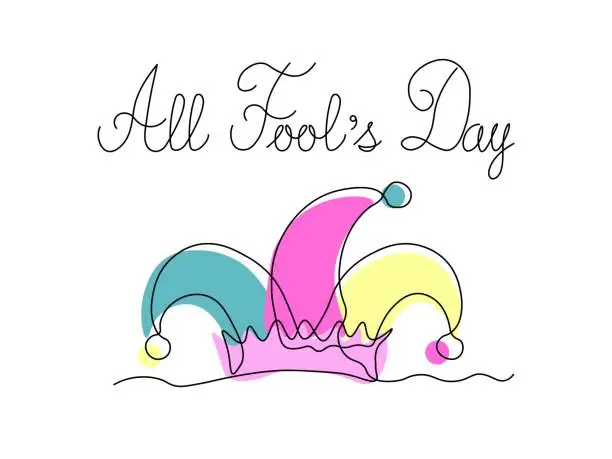 Vector illustration of Card All fool day. Abstract fool's cap,continuous one line art hand drawing sketch