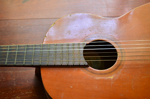 close macro view of the six frets  and sound hole on an acoustic wooden  guitar