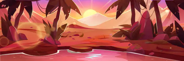 Vector illustration of Sunset or sunrise in desert - panoramic landscape