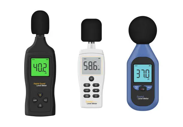 Vector illustration of Portable noise sound level digital meter with electronic display and microphone set realistic vector