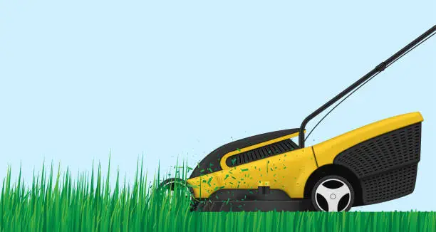 Vector illustration of Lawn mower cutting grass electric work tool for trimming pruning realistic vector illustration