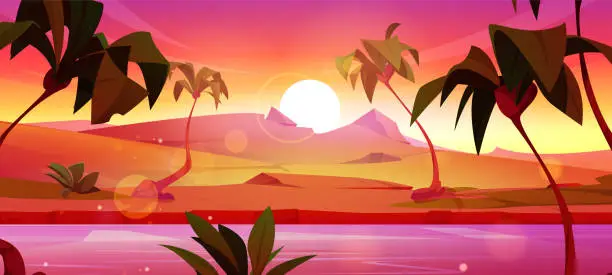 Vector illustration of Sunset or sunrise landscape with desert river