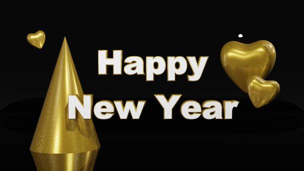 istock Happy New Year Word Gold Hat Hearts Black Background 1961918399