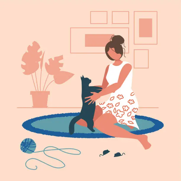 Vector illustration of woman trying to kiss her adorable cat