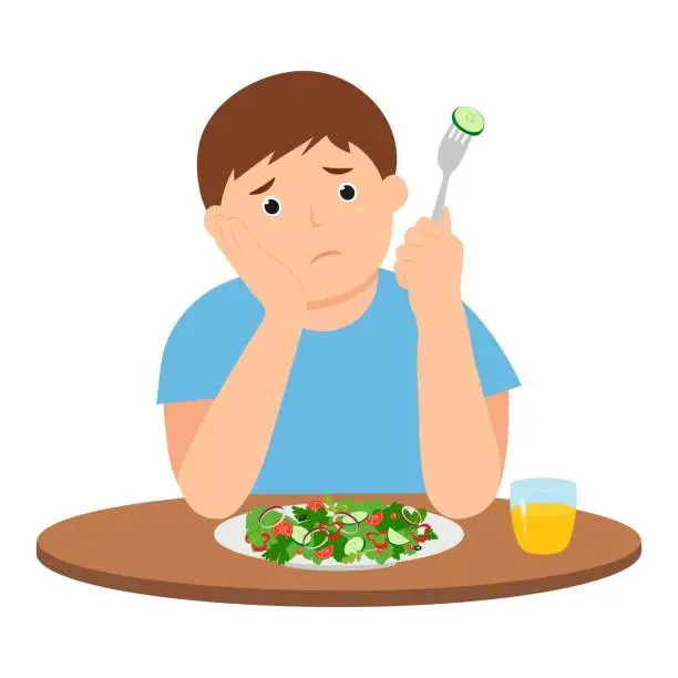 Vector illustration of Cute kid do not want eat salad.