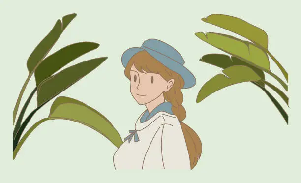 Vector illustration of Botanist wearing hat standing in front of big banana leaves. Solo traveler in tropical regions. Hand drawn flat cartoon character vector illustration.