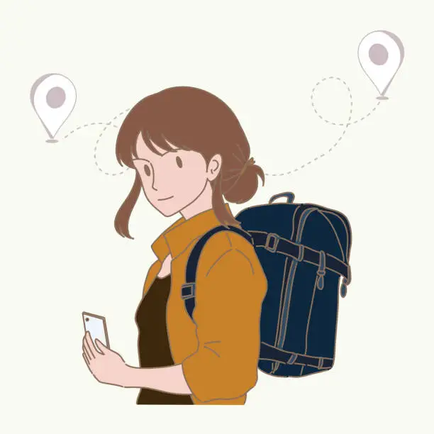 Vector illustration of Happy traveler using smart phone. Woman carrying backpack holding phone, using map application, finding destination. Location pins behind. Hand drawn flat cartoon character vector illustration.