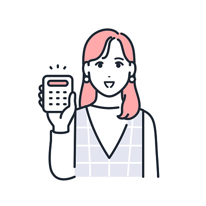 Simple vector illustration of a stylish young woman holding a calculator with a smile