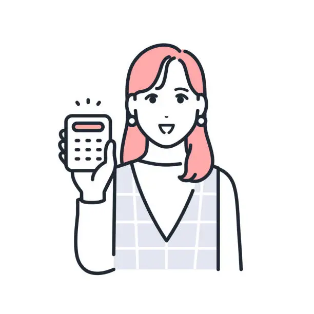 Vector illustration of Simple vector illustration of a stylish young woman holding a calculator with a smile