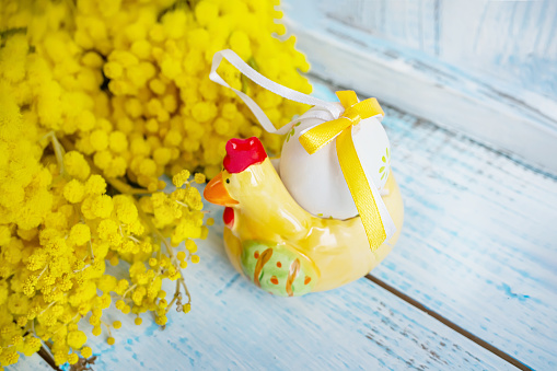 Ceramic Easter egg stand in the shape of a chicken with mimosa flowers. Decoration for the Easter holiday table. Copy space.