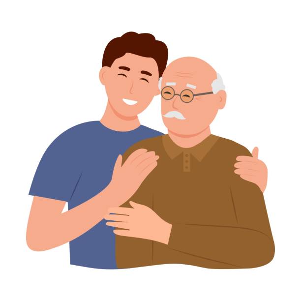 Father and son. Happy Young man hugging her old father with love. Father and son. Father's day .Portrait of young man hugging her grandpa. Friendly family relationship. vector flat illustration father son grandfather fathers day stock illustrations