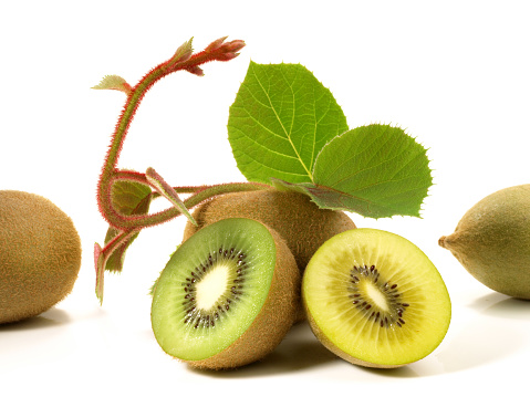 Yellow and Green Kiwi Fruits with Leaves on white Background