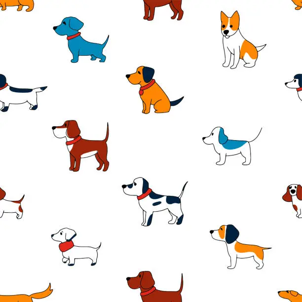 Vector illustration of Doodle dog print. Funny dogs seamless pattern, childish scandinavian drawing puppy. Fabric design with cartoon pets, nowaday line animals vector background