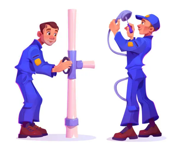 Vector illustration of Set of male plumber characters