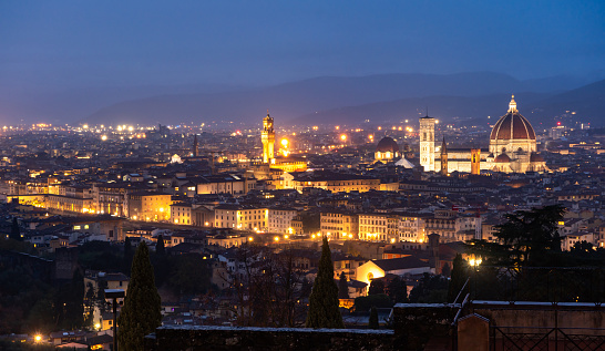Beautiful sunset panorama of Florence with illumination. View from Piazzale Michelangelo