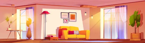 Vector illustration of Living room interior with furniture and sun beam