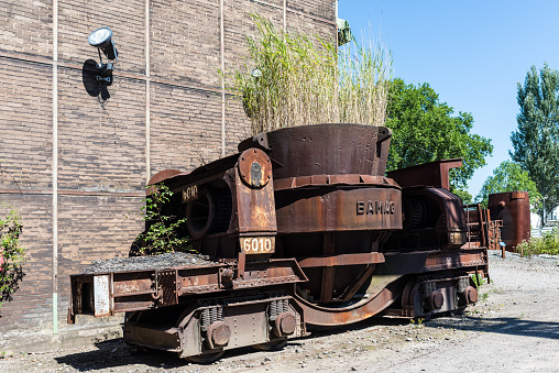 Hattingen, Germany - August 9, 2022: Ladle car of Henrichshutte, a de-commissioned steelwork with blast furnace. Today a famous heritage museum site in Ruhr area, Hattingen, NRW, Germany.