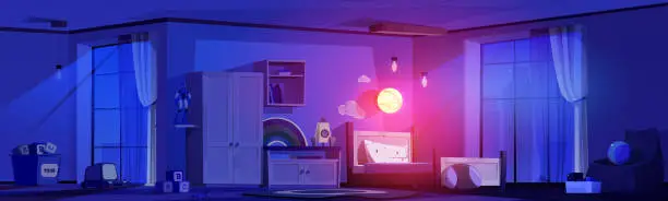 Vector illustration of Child room interior at night.