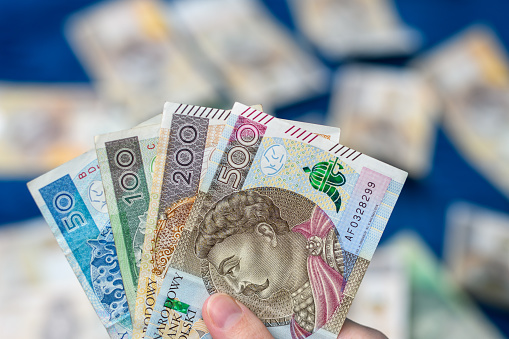 Polish money banknotes close up, PLN cash isolated