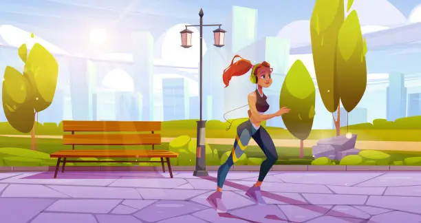 Vector illustration of Active woman jogging in city park