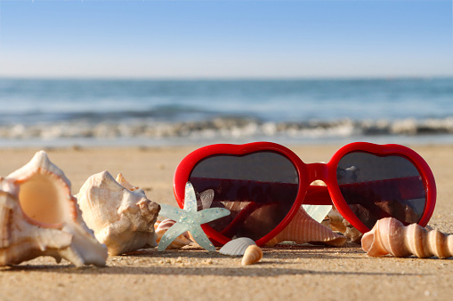 Stock photo showing close-up view of red, heart-shaped sunglasses besides a pile of seashells on a sunny, golden sandy beach with sea at low tide in the background.