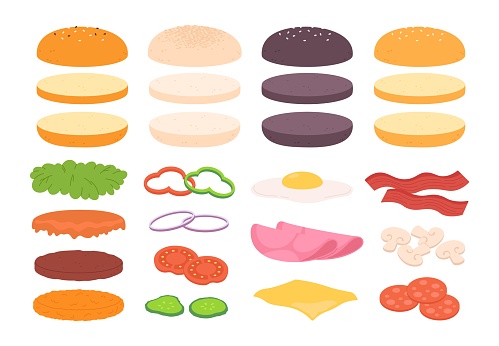 Burger ingredients. Burgers buns, cheese, vegetables and meat cutlet. Tasty sandwiches fresh sliced food. Sauces and bacon, racy vector clipart. Illustration of hamburger with cheese