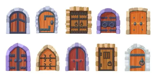 Vector illustration of Cartoon medieval doors. Old castle door, stone gates entrance. Vintage wooden entries with metal details, dungeon doorway nowaday vector clipart