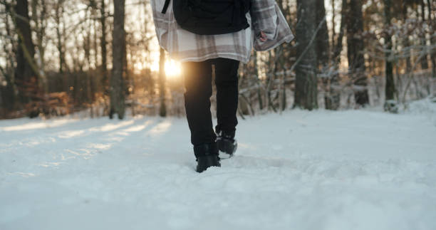 Part of a series where a woman is hiking through a sunny winter landscape in Sweden. A solo hiking trip to get away from it all and really connect with nature.