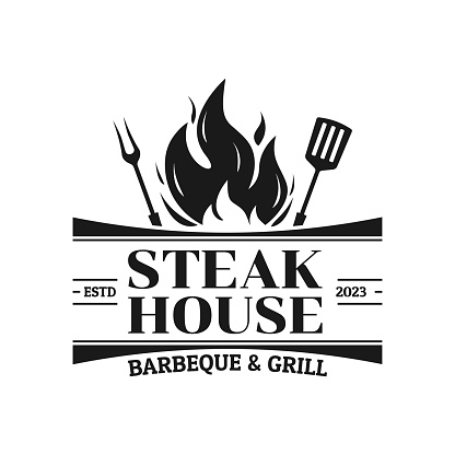 Steak house logo, icon or badge. Barbecue and grill label with fire flame. Meat restaurant design. Vector illustration.