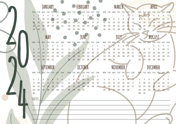 Vector illustration of Calendar for 2024 in boho style. The week starts on Monday. Vector illustration.