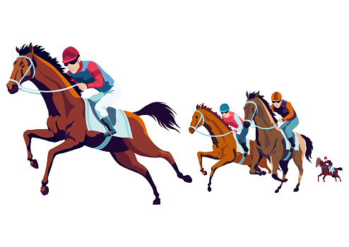 Jockeys riding racehorses on a fast speed, flat style vector illustration. Horse racing tournament.