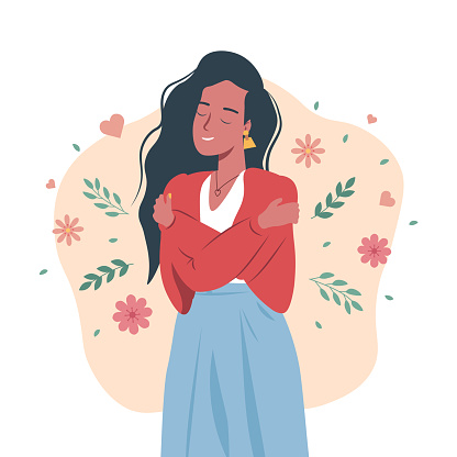 Self love concept. Cute happy girl or woman with long hair hugging herself. Self care, self-pride, self-acceptance, body positive and confidence concept vector illustration. Esteem and social role.