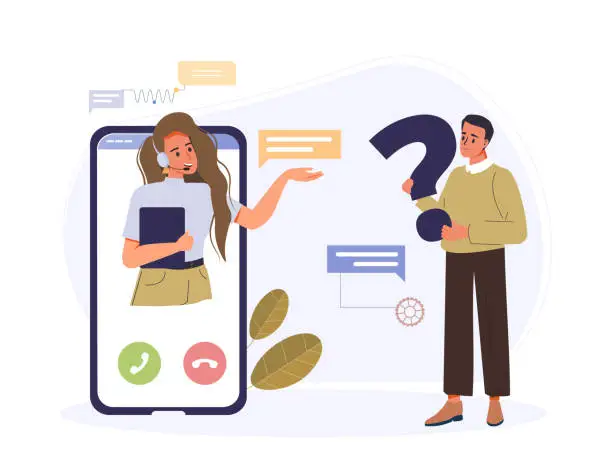 Vector illustration of Customer support, customer service content. Cartoon character asking questions, chatting with personal assistant. Smartphone screen with hotline operator in headset helping clients vector illustration