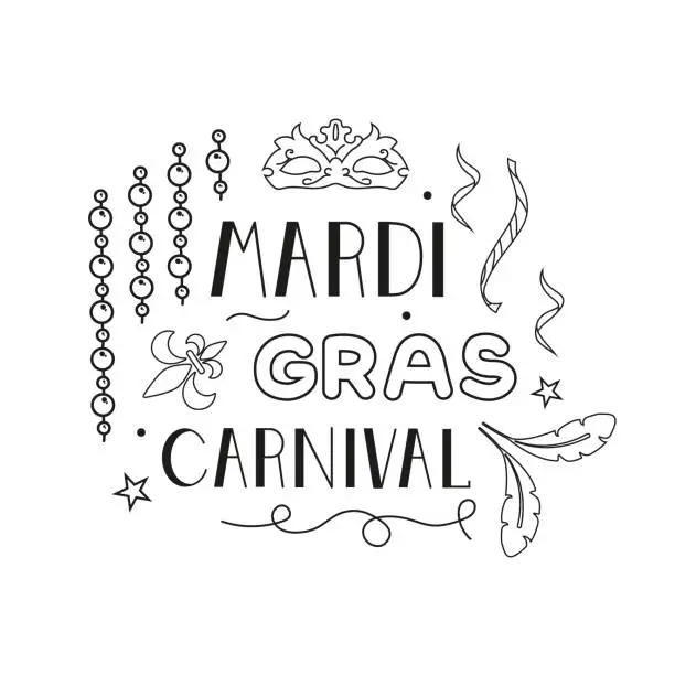 Vector illustration of Vector lettering for the Mardi Gras carnival in the doodle style. Mardi Gras party design on a white background.