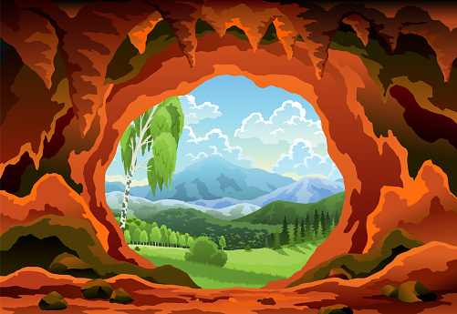 Cave landscape. Summer nature scene of cave entrance. Prehistoric dungeon, rock cavern game illustration. Vector illustration of tunnel in mountain or mine in rocks.