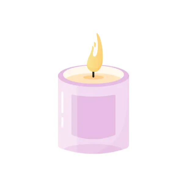 Vector illustration of burning aroma candle in glass container , cartoon style isolated on white background