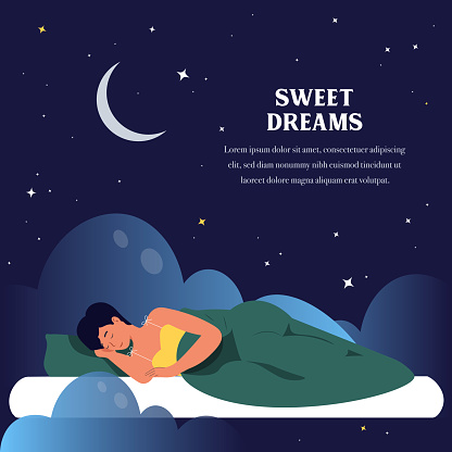 Sweet dreams or good health concept. Happy woman sleeps is fast asleep, having a good dream. Vector illustration of a girl lying under soft duvet and healthy sleeping. Mattress advertisement template.