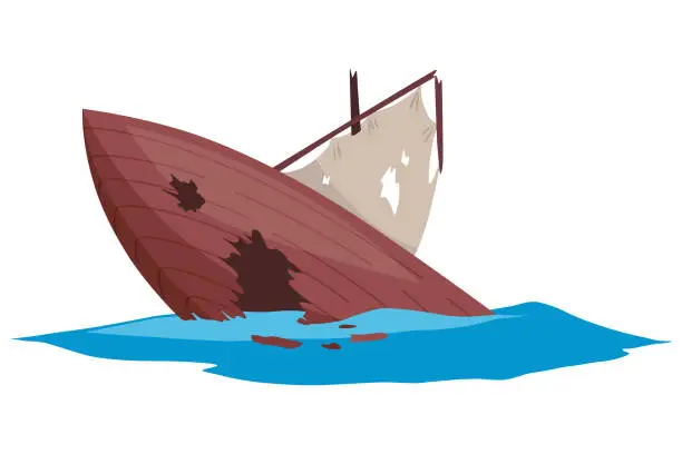 Vector illustration of Damaged ship. Crash or accident in sea. Marine catastrophe. Cargo ship sinking in flat design. Vessel failure, rescue problem nautical transportation