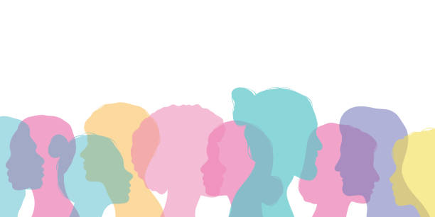 istock Profile silhouette of a diverse group pf people, human vector illustration, colorful banner 1962111357