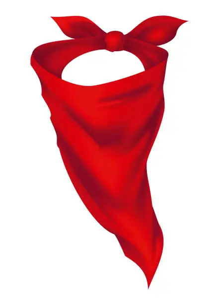 Vector illustration of Red realistic bandana on neck. Youth fashion neck scarf or cowboy garment element template. Biker face scarf, bandanna neck shawl. Blank handkerchief unisex uniform. Western clothes