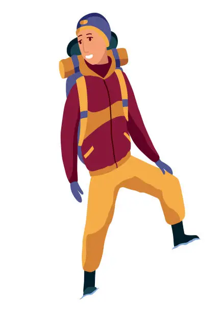 Vector illustration of Young man walking alone. Cartoon backpacker on winter hiking, active walking at snowy season. People outdoors activity. Travel expedition